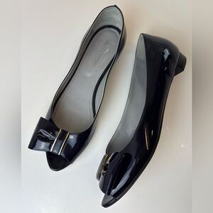 SERGIO ROSSI Navy Patent Leather Peep Toe Bow Low Heel Pumps Size‎ 38.5